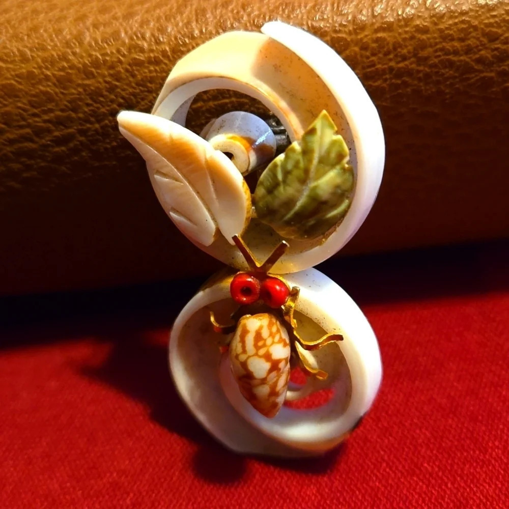 Rare Find Vintage 1960's brooch Carved seashell with insect and leaves